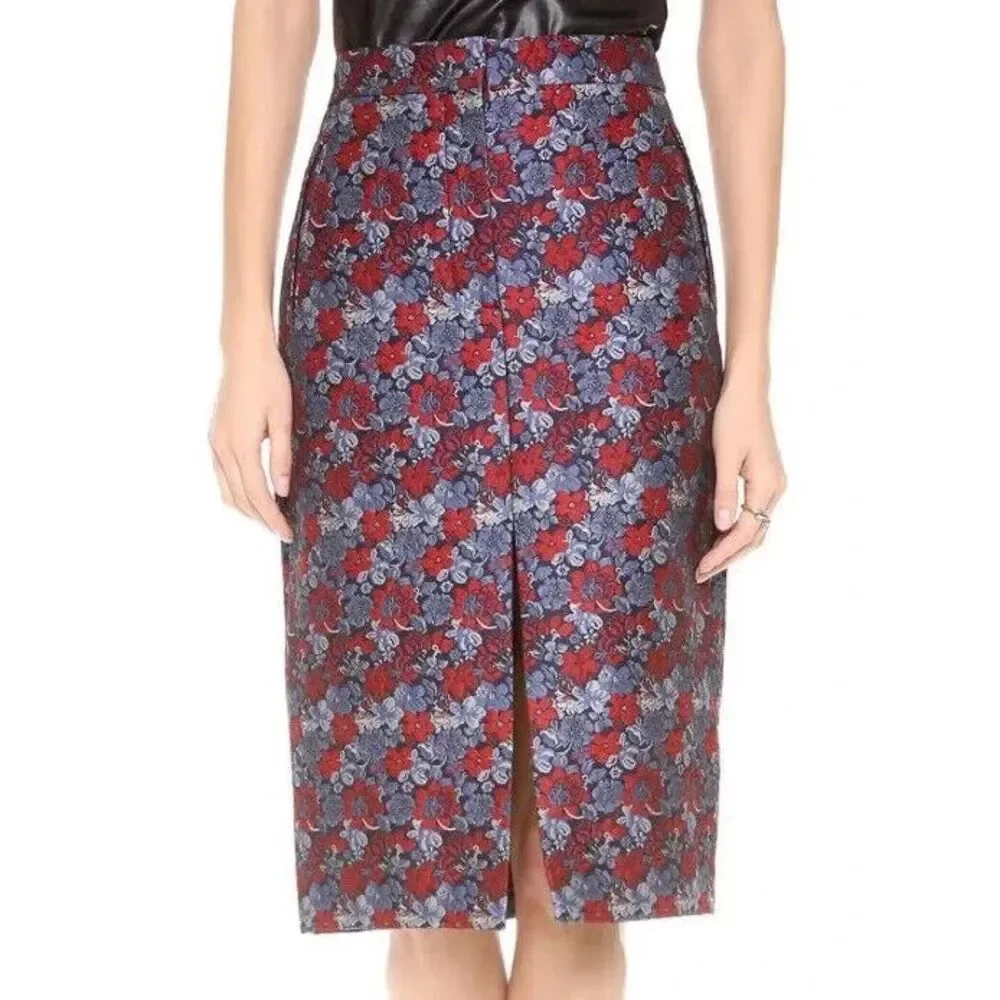 BCBGMAXAZRIA Liya Jacquard Pencil‎ Skirt Size XXS Floral Knee Length Front Slit